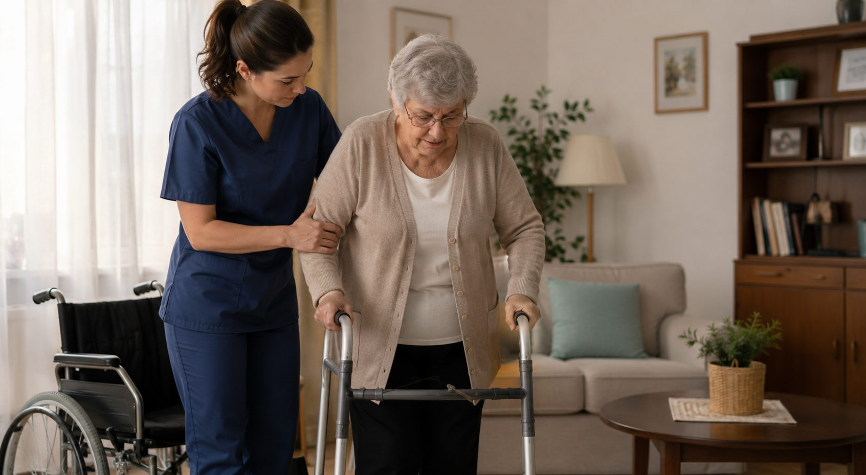 Persona ayudando a una anciana con movilidad reducida