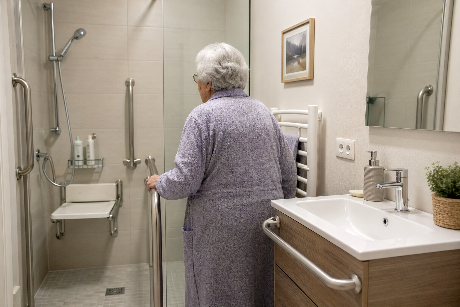 Señora en baño accesible